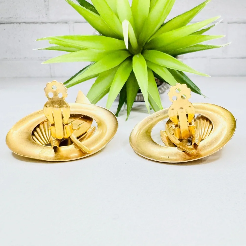 Vintage 80s Art Deco Satin Gold Tone Black Crystal Abstract Leaf Clip Earrings